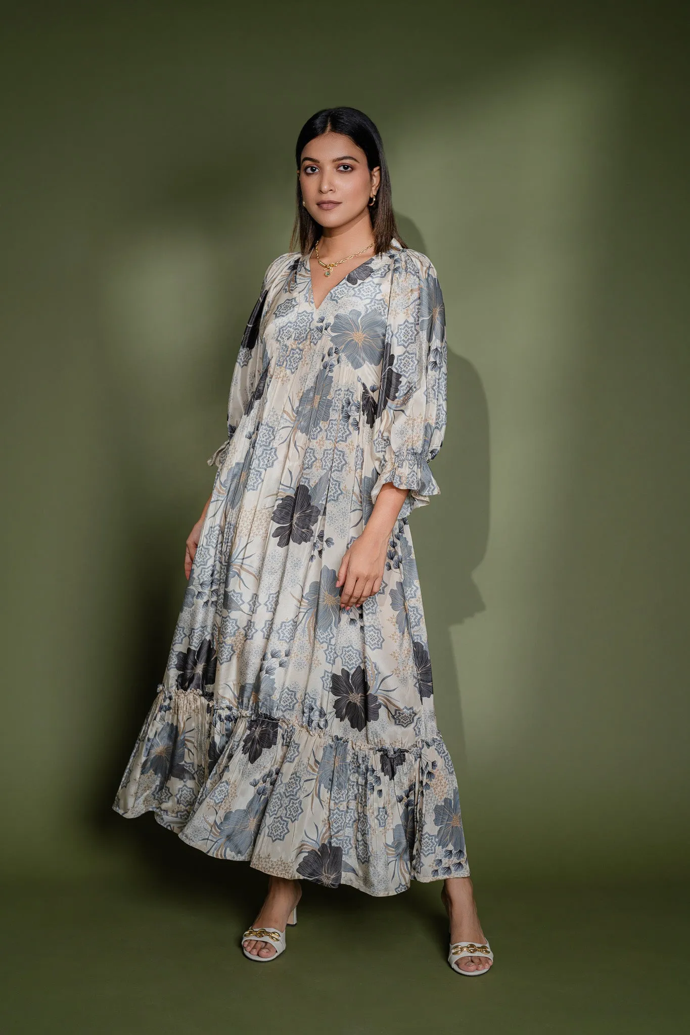 Printed Pleated V-Neck Dress