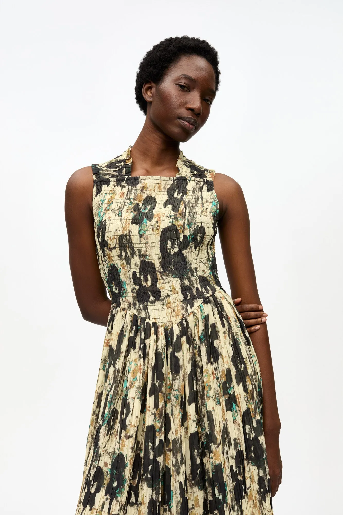 Printed Pleats Smock Midi Straps Dress | Afterglow