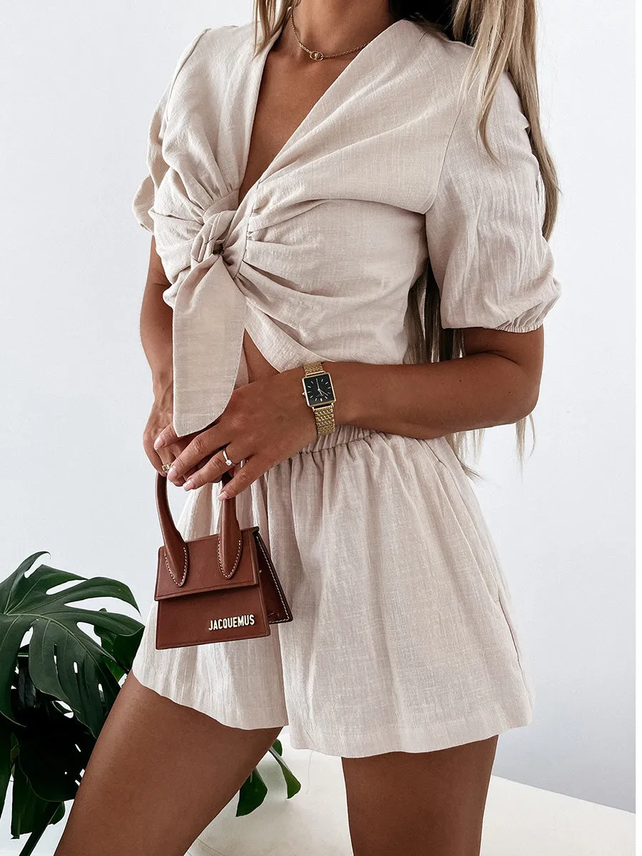 Pure Color Knotted Two-piece Suit