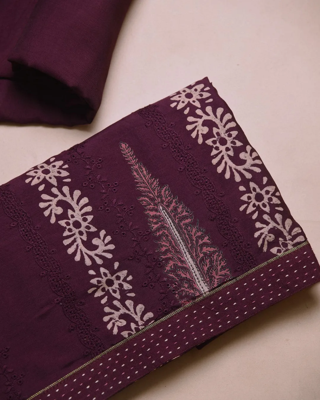 Purple Muslin Blend Printed With Embroidery Unstitched Suit Fabric Set With Chanderi Printed Dupatta