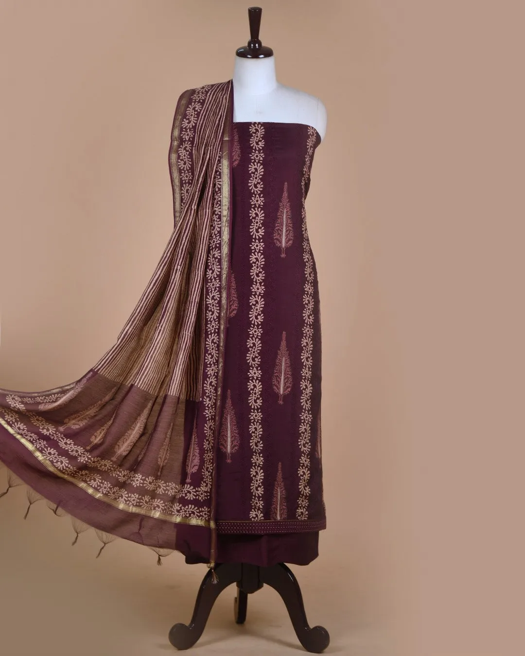 Purple Muslin Blend Printed With Embroidery Unstitched Suit Fabric Set With Chanderi Printed Dupatta