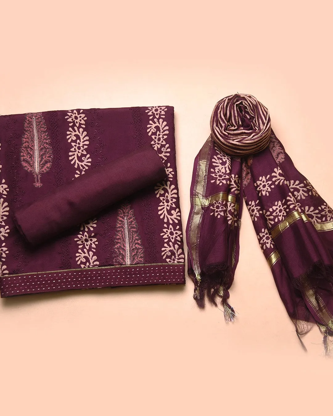 Purple Muslin Blend Printed With Embroidery Unstitched Suit Fabric Set With Chanderi Printed Dupatta