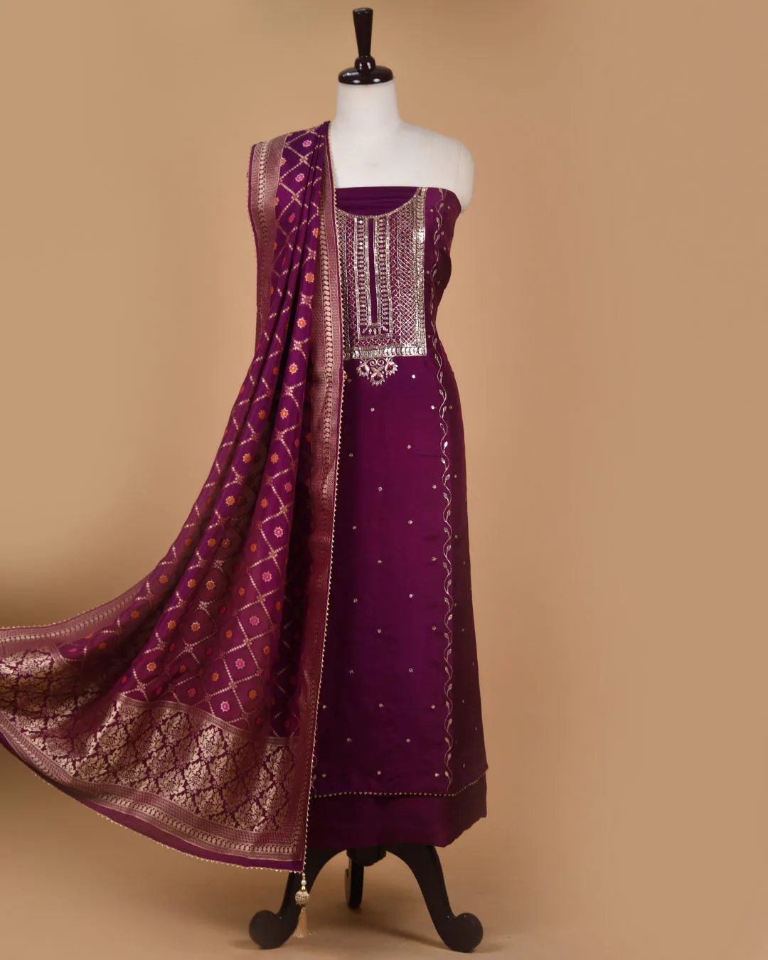 Purple Silk Viscose Blend Hand Embellished Unstitched Suit Fabric Set With Silk Viscose Blend Banarasi Woven Dupatta