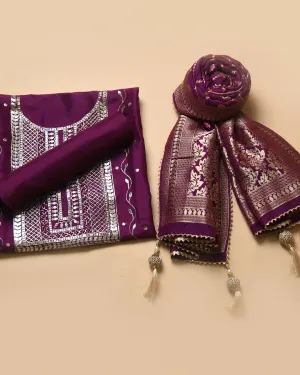 Purple Silk Viscose Blend Hand Embellished Unstitched Suit Fabric Set With Silk Viscose Blend Banarasi Woven Dupatta