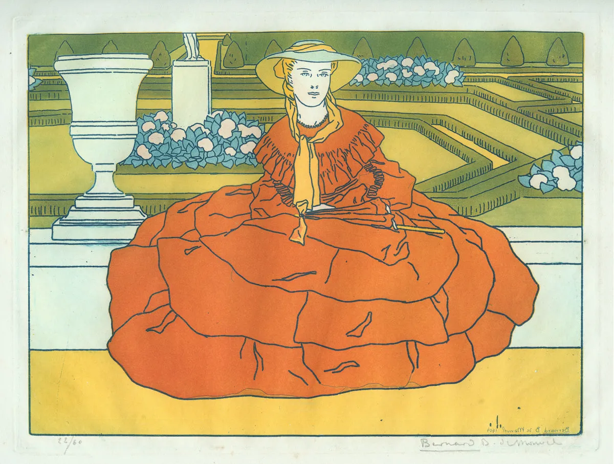 "French Garden" or "Elegant Woman with Red Crinoline Dress"