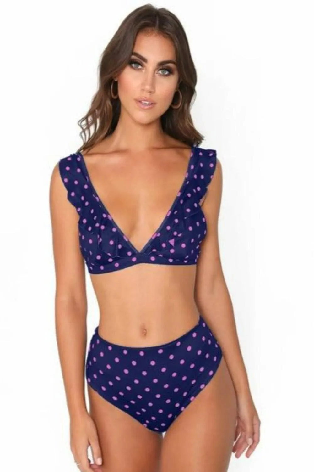 Rachel Polka Dot Ruffle Purple High Waisted Bikini