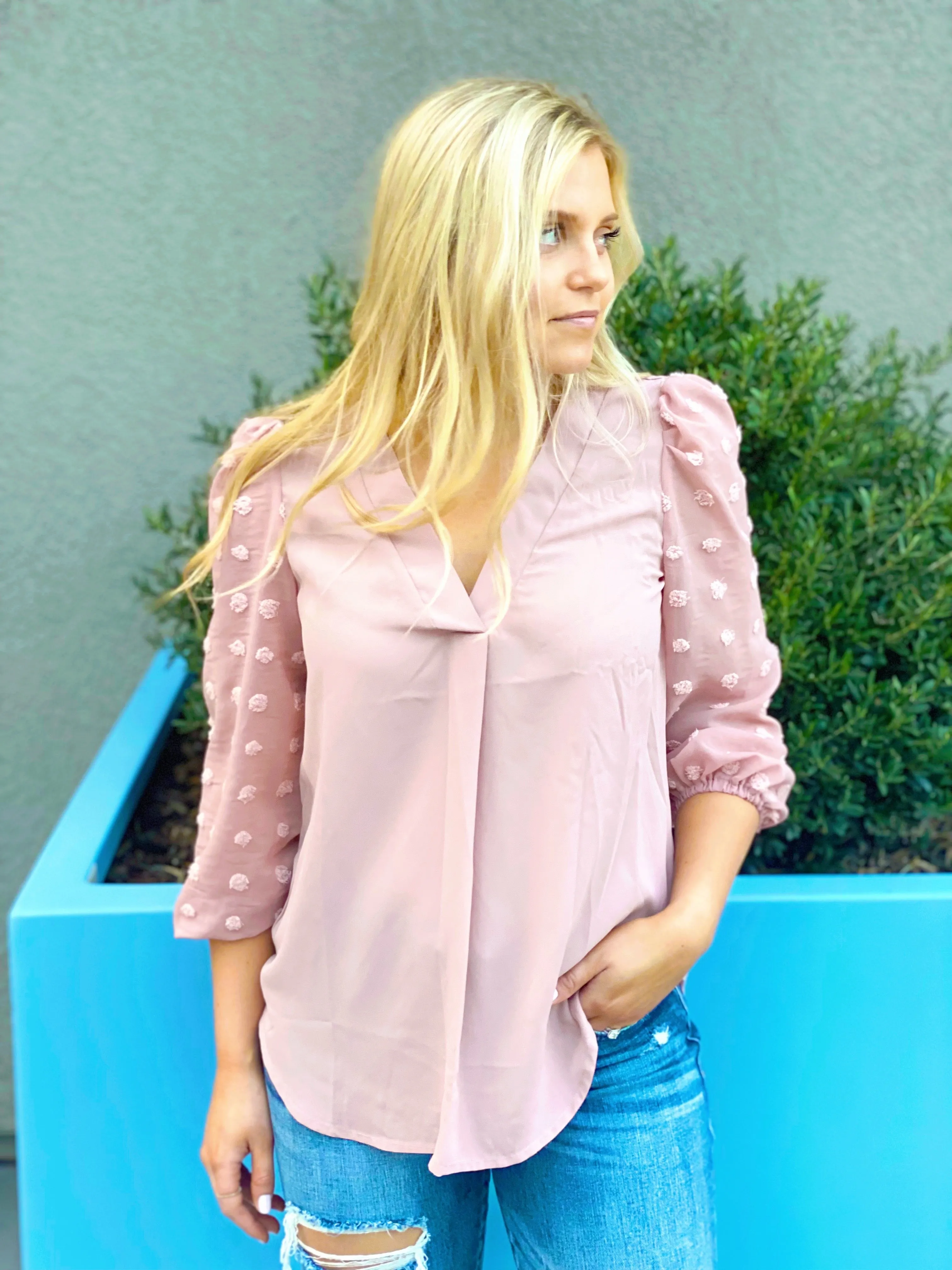 READY FOR ANYTHING POLKA DOT SLEEVE TOP