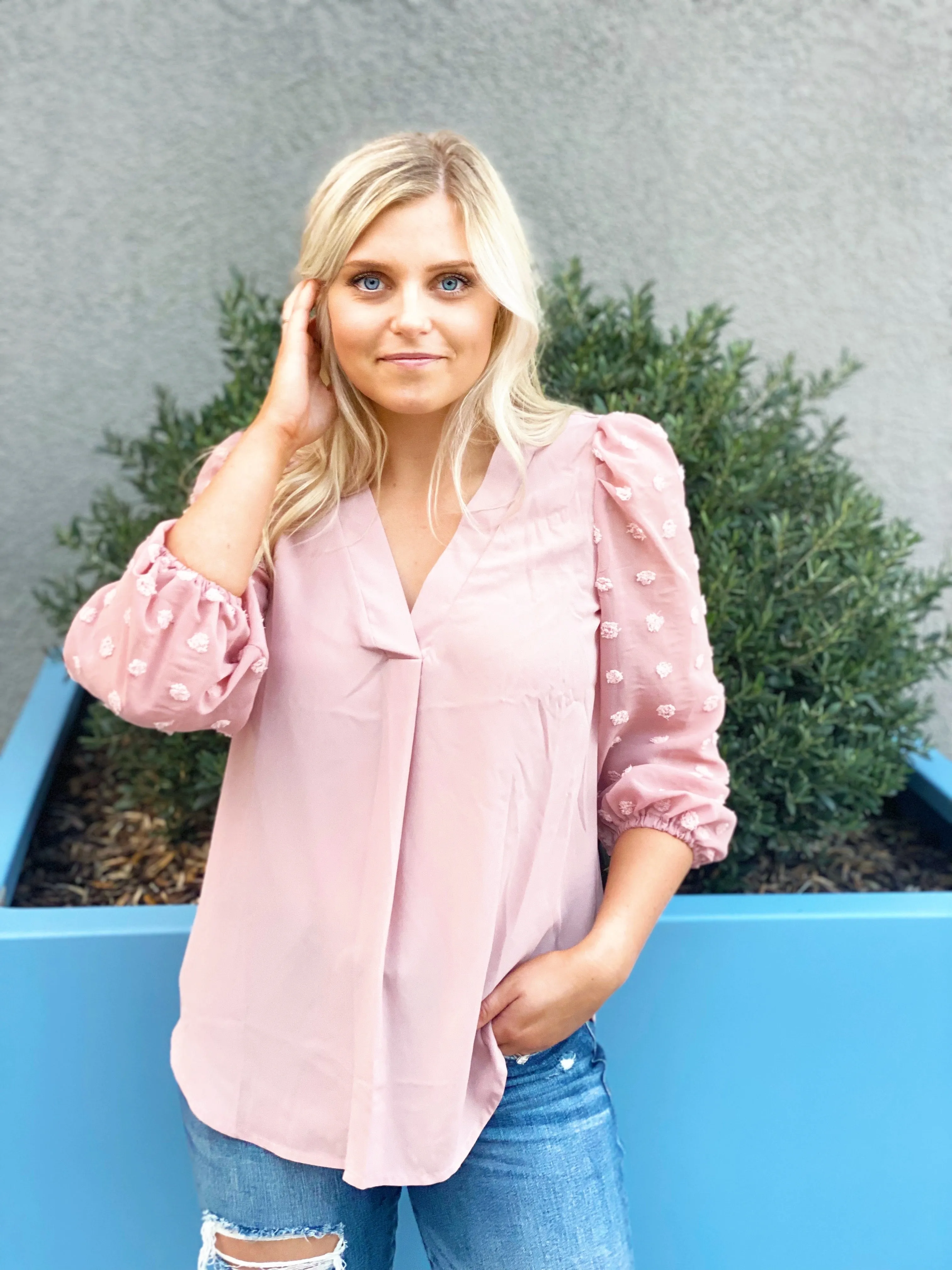 READY FOR ANYTHING POLKA DOT SLEEVE TOP