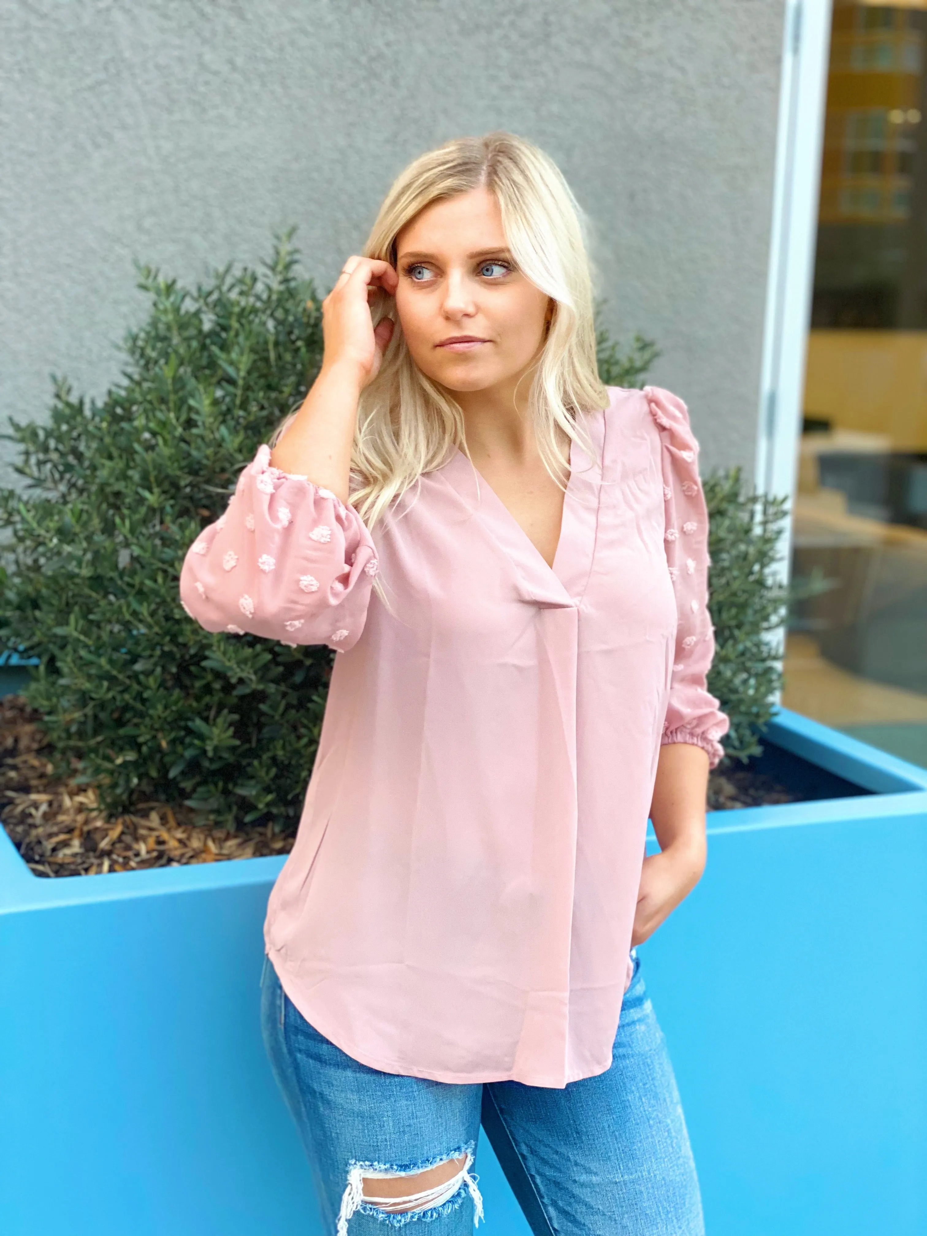 READY FOR ANYTHING POLKA DOT SLEEVE TOP