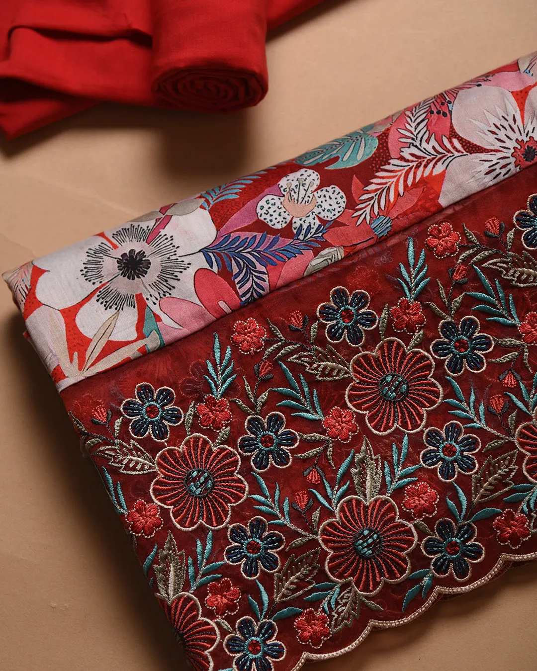 Red Cotton Glazed Printed With Embroidery Unstitched Suit Fabric Set With Chiffon Dupatta