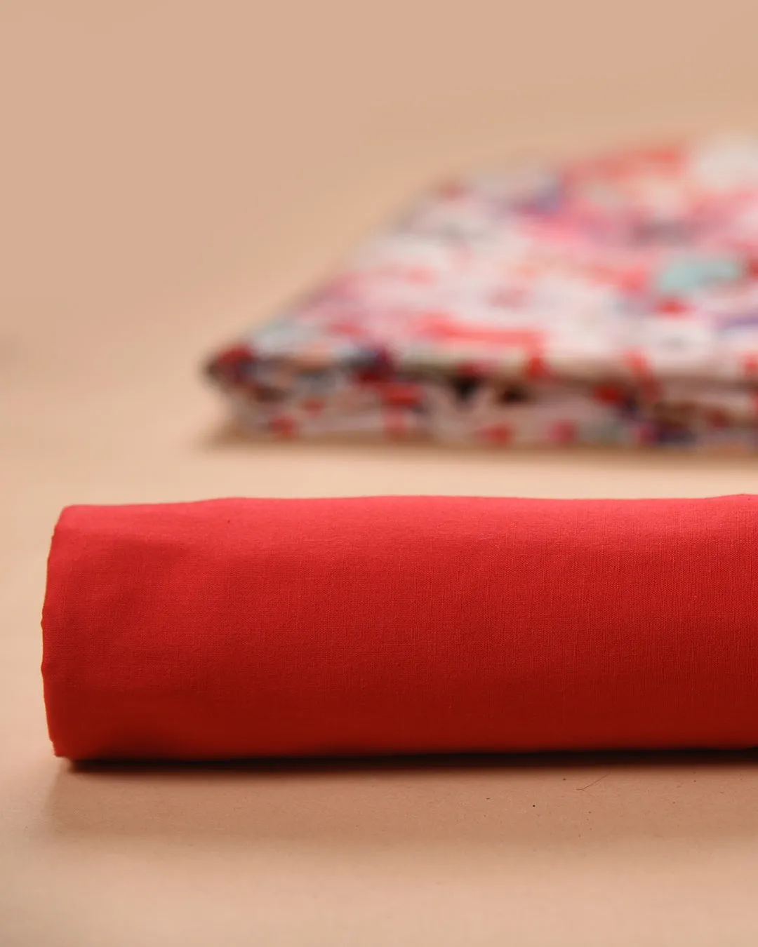 Red Cotton Glazed Printed With Embroidery Unstitched Suit Fabric Set With Chiffon Dupatta