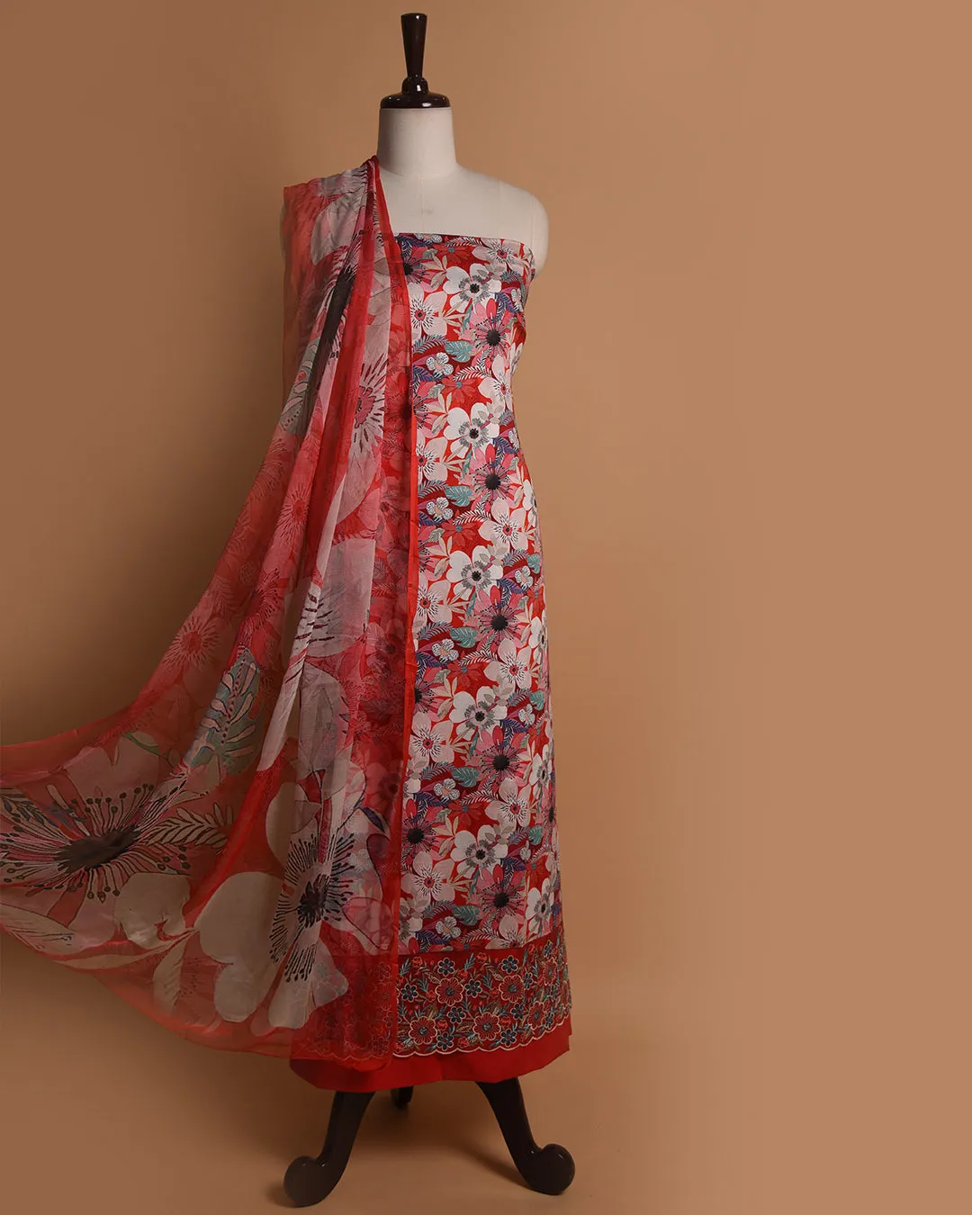 Red Cotton Glazed Printed With Embroidery Unstitched Suit Fabric Set With Chiffon Dupatta