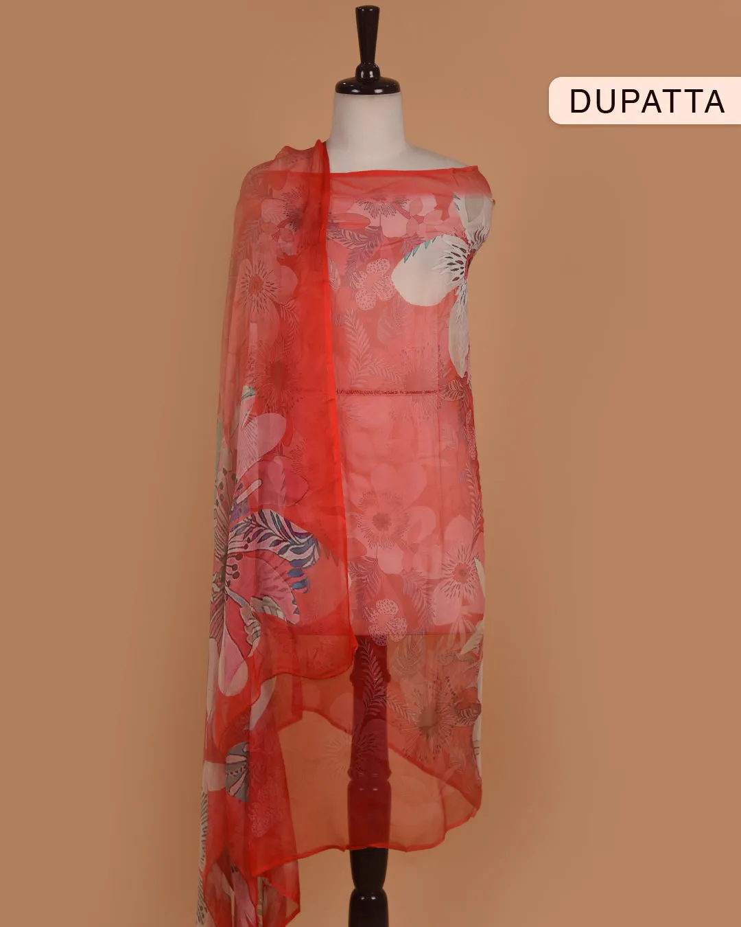 Red Cotton Glazed Printed With Embroidery Unstitched Suit Fabric Set With Chiffon Dupatta