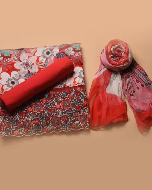 Red Cotton Glazed Printed With Embroidery Unstitched Suit Fabric Set With Chiffon Dupatta