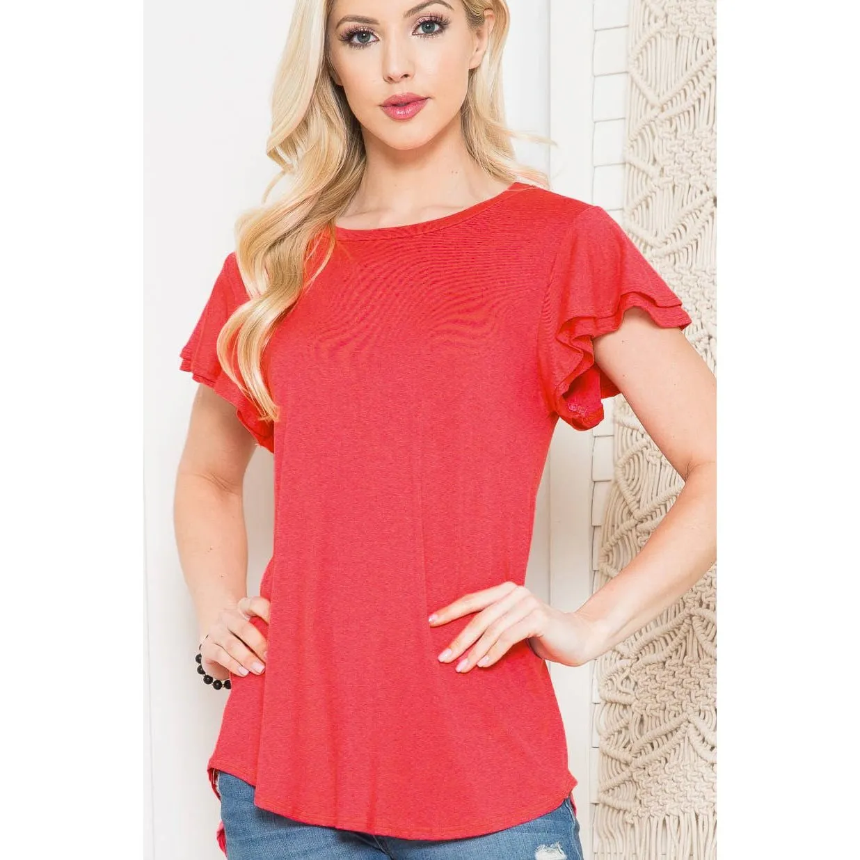 Red Plus Solid Short Flutter Sleeve Top