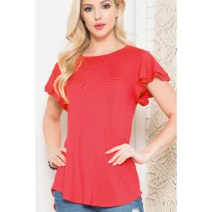 Red Plus Solid Short Flutter Sleeve Top