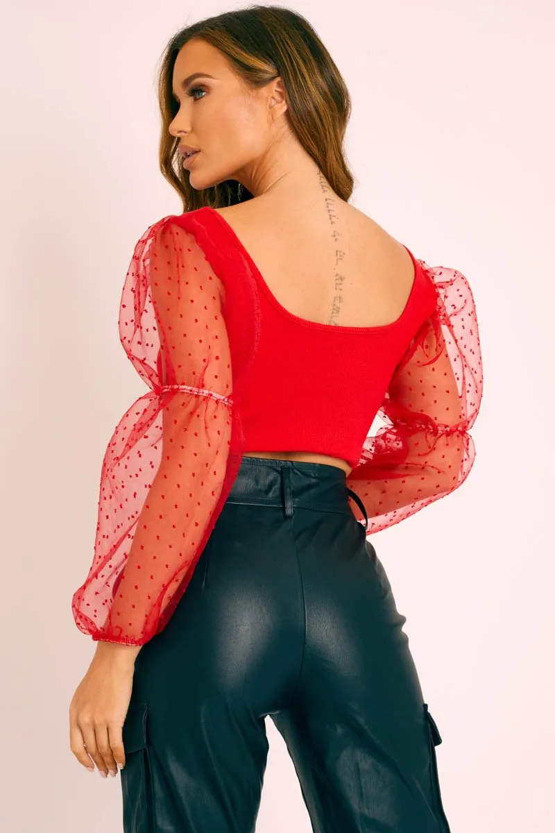 Red Polka Dot Organza Sleeve Crop Top - Bianca