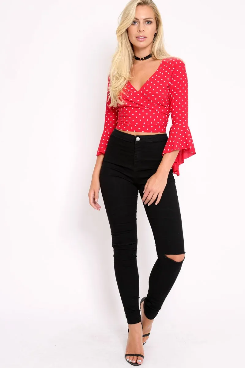 Red Polka Dot Plunge Bell Sleeve Crop Top - Merla