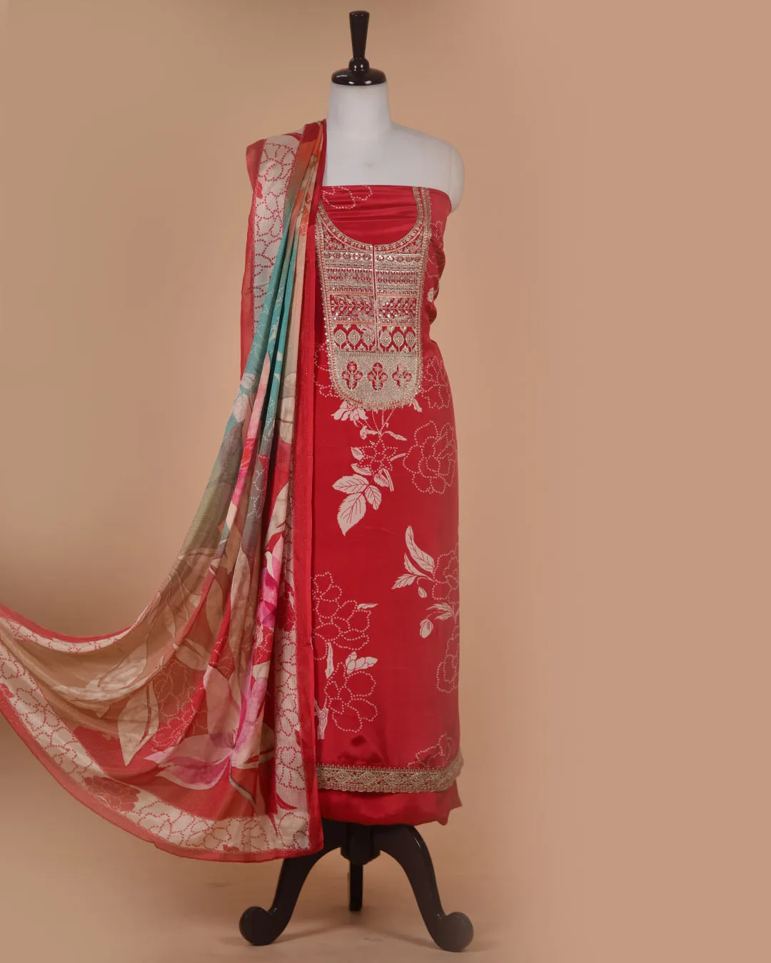 Red Satin Crepe Blend Printed With Embroidery Unstitched Suit Fabric Set With Chinon Dupatta