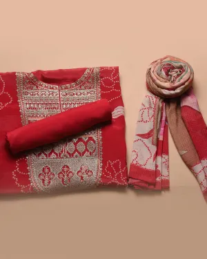 Red Satin Crepe Blend Printed With Embroidery Unstitched Suit Fabric Set With Chinon Dupatta