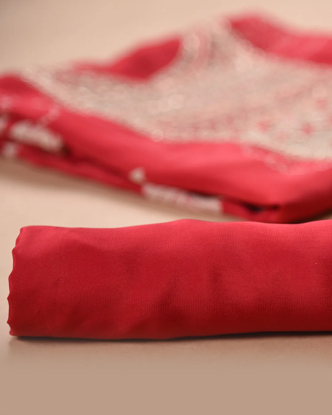 Red Satin Crepe Blend Printed With Embroidery Unstitched Suit Fabric Set With Chinon Dupatta