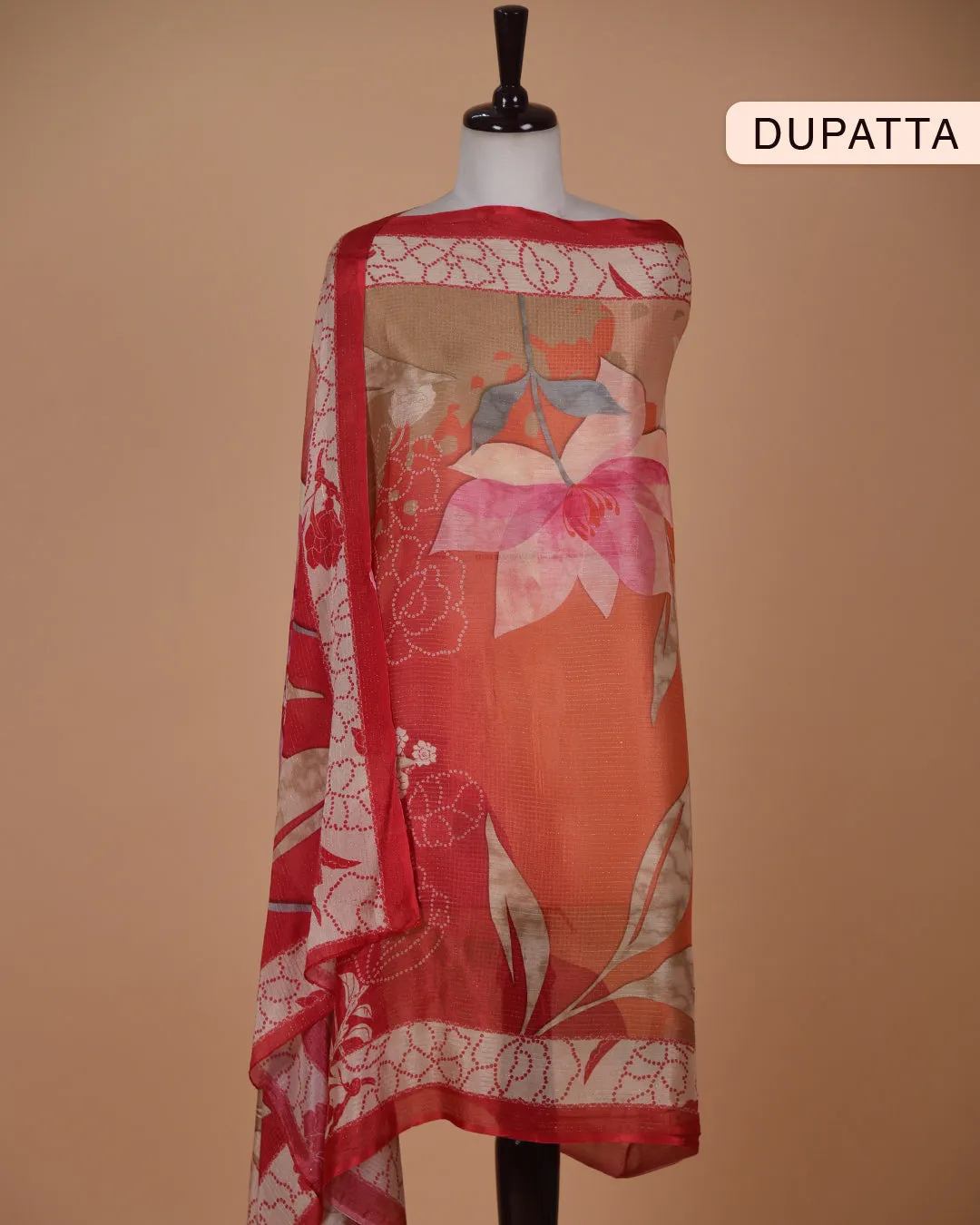 Red Satin Crepe Blend Printed With Embroidery Unstitched Suit Fabric Set With Chinon Dupatta