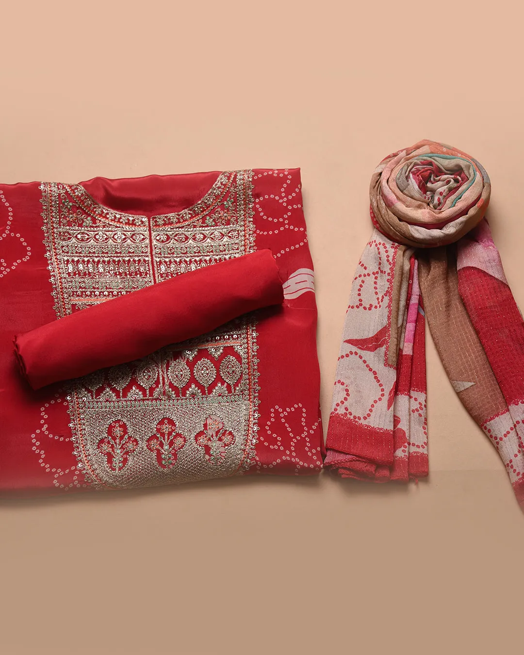 Red Satin Crepe Blend Printed With Embroidery Unstitched Suit Fabric Set With Chinon Dupatta