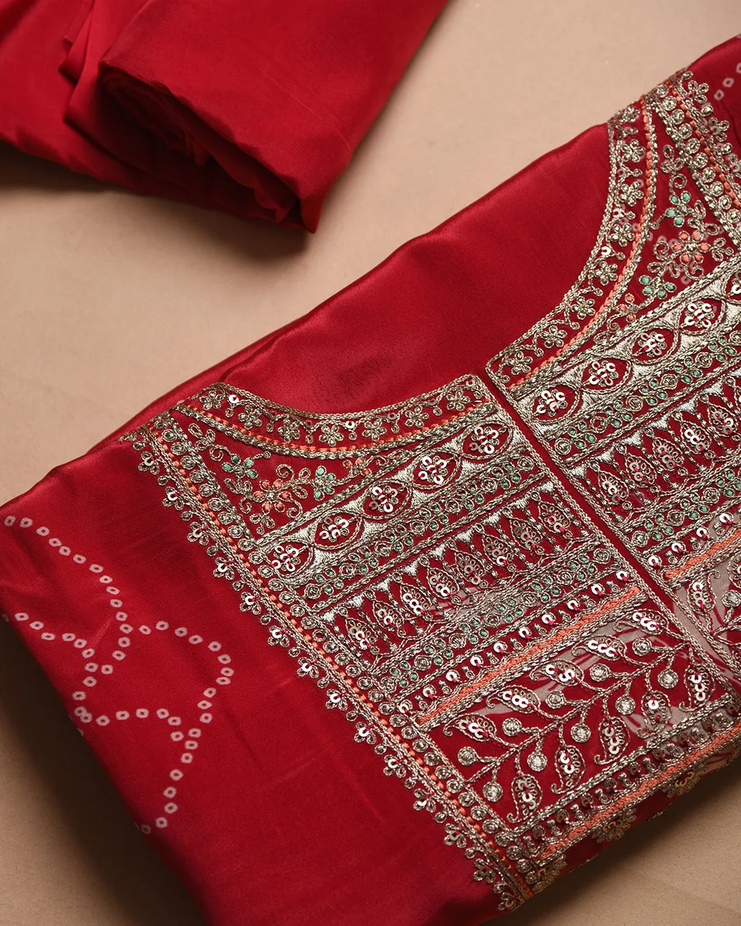 Red Satin Crepe Blend Printed With Embroidery Unstitched Suit Fabric Set With Chinon Dupatta