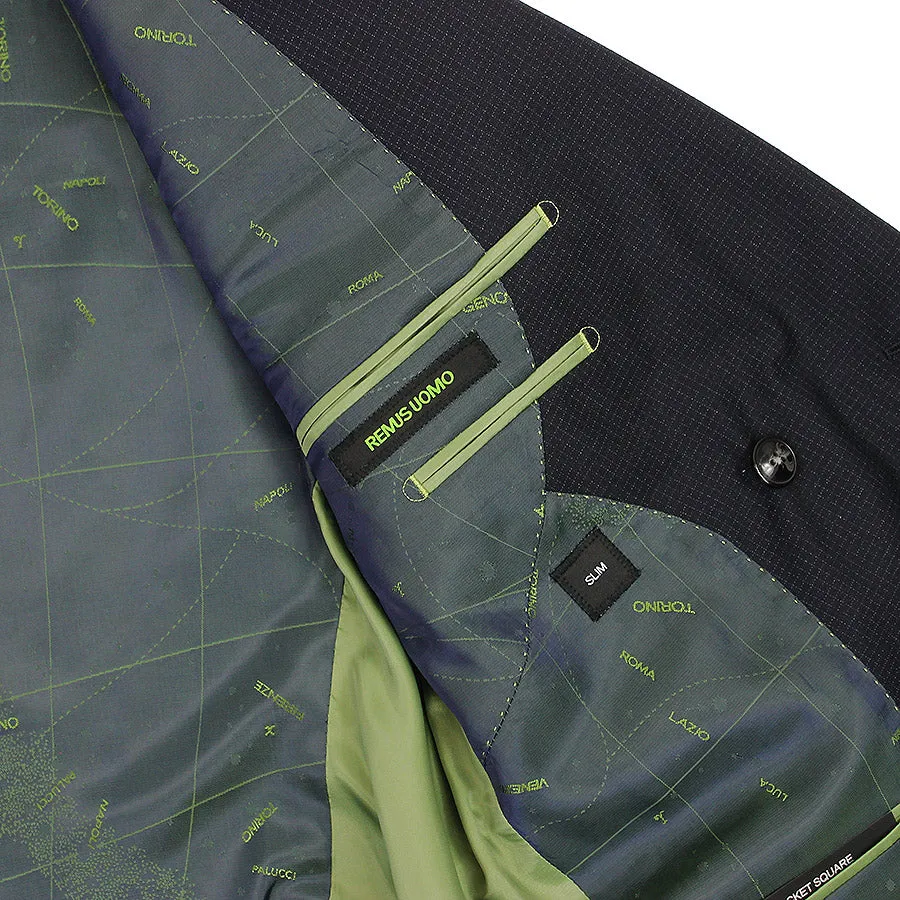 Remus Uomo - Slim Fit Microcheck Double Breasted Suit in Navy