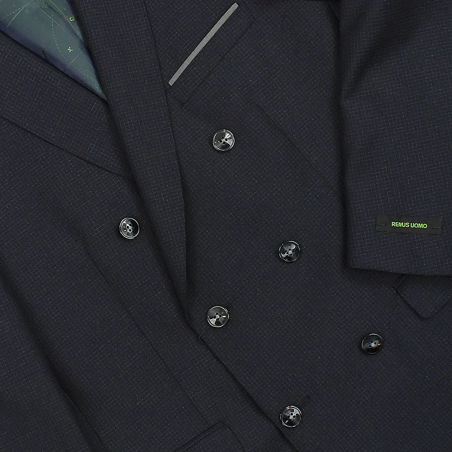 Remus Uomo - Slim Fit Microcheck Double Breasted Suit in Navy