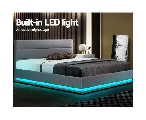 RGB LED Bed Frame Queen Size Gas Lift Base With Storage Grey Fabric LUMI