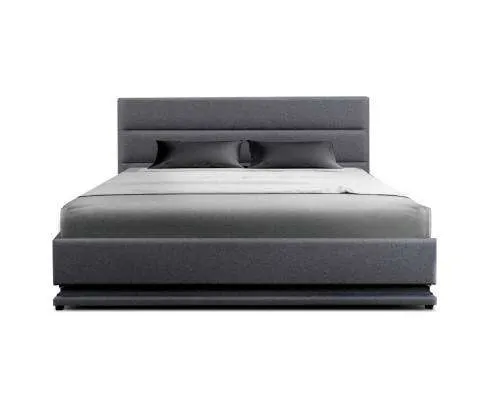 RGB LED Bed Frame Queen Size Gas Lift Base With Storage Grey Fabric LUMI