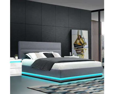 RGB LED Bed Frame Queen Size Gas Lift Base With Storage Grey Fabric LUMI