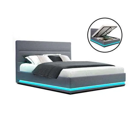 RGB LED Bed Frame Queen Size Gas Lift Base With Storage Grey Fabric LUMI