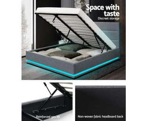 RGB LED Bed Frame Queen Size Gas Lift Base With Storage Grey Fabric LUMI