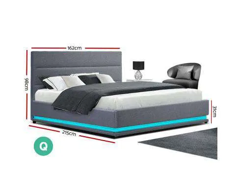 RGB LED Bed Frame Queen Size Gas Lift Base With Storage Grey Fabric LUMI