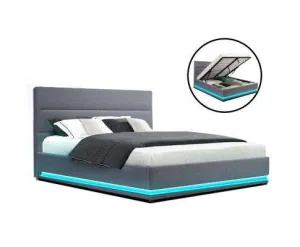 RGB LED Bed Frame Queen Size Gas Lift Base With Storage Grey Fabric LUMI