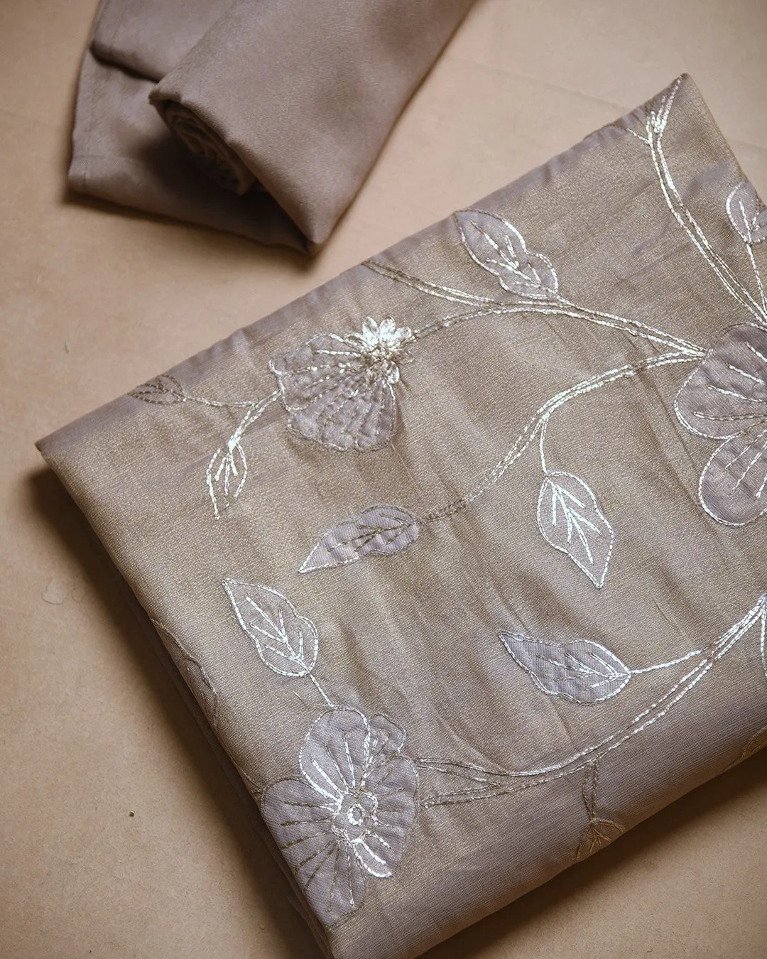 Rose Gold Chanderi Tissue Blend Embroidered Unstitched Suit Fabric Set With Chanderi Tissue Embroidered Dupatta