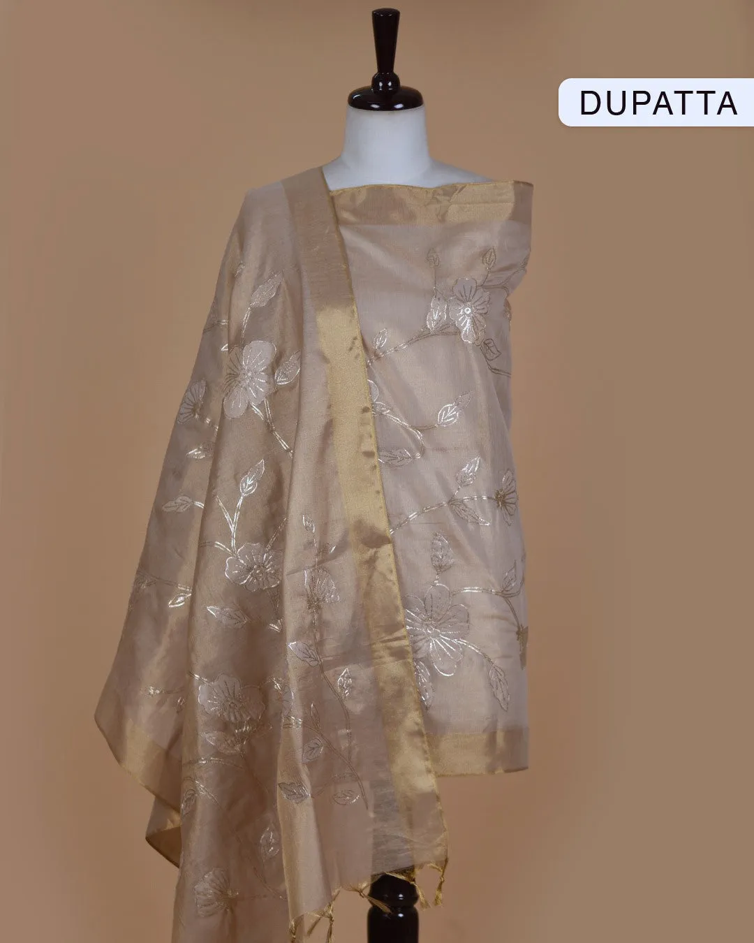 Rose Gold Chanderi Tissue Blend Embroidered Unstitched Suit Fabric Set With Chanderi Tissue Embroidered Dupatta