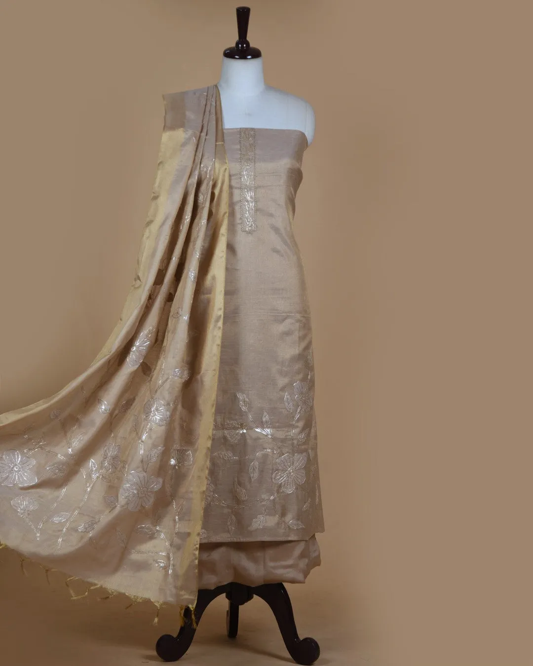 Rose Gold Chanderi Tissue Blend Embroidered Unstitched Suit Fabric Set With Chanderi Tissue Embroidered Dupatta