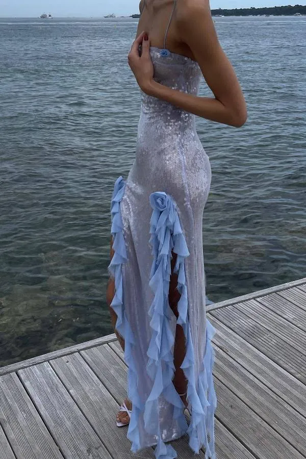 Ruffle Trim Sequin Split Bodycon Maxi Dress