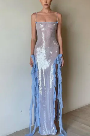 Ruffle Trim Sequin Split Bodycon Maxi Dress