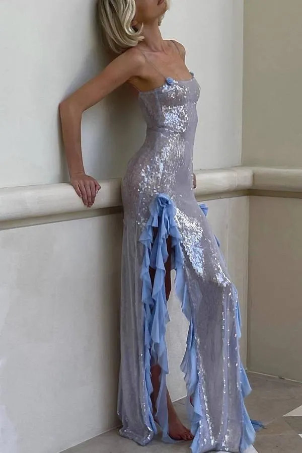 Ruffle Trim Sequin Split Bodycon Maxi Dress