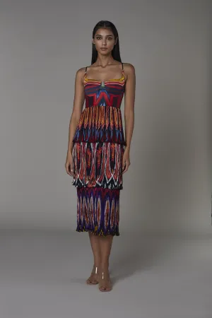 Saaksha & KinniÂ    I   Afghani print 3 tIer midi dress Satin / Chiffon Multi SS22072