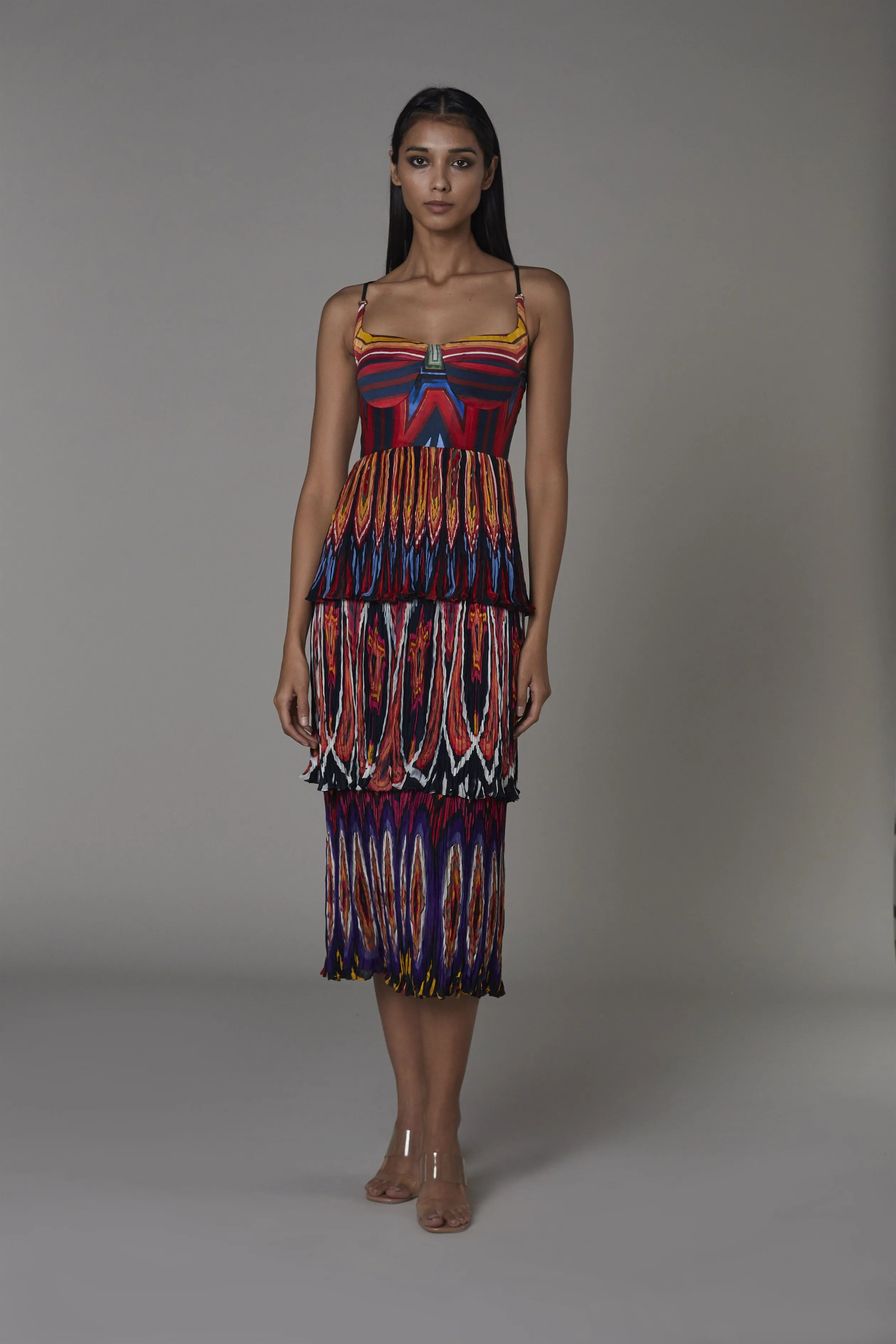 Saaksha & KinniÂ    I   Afghani print 3 tIer midi dress Satin / Chiffon Multi SS22072