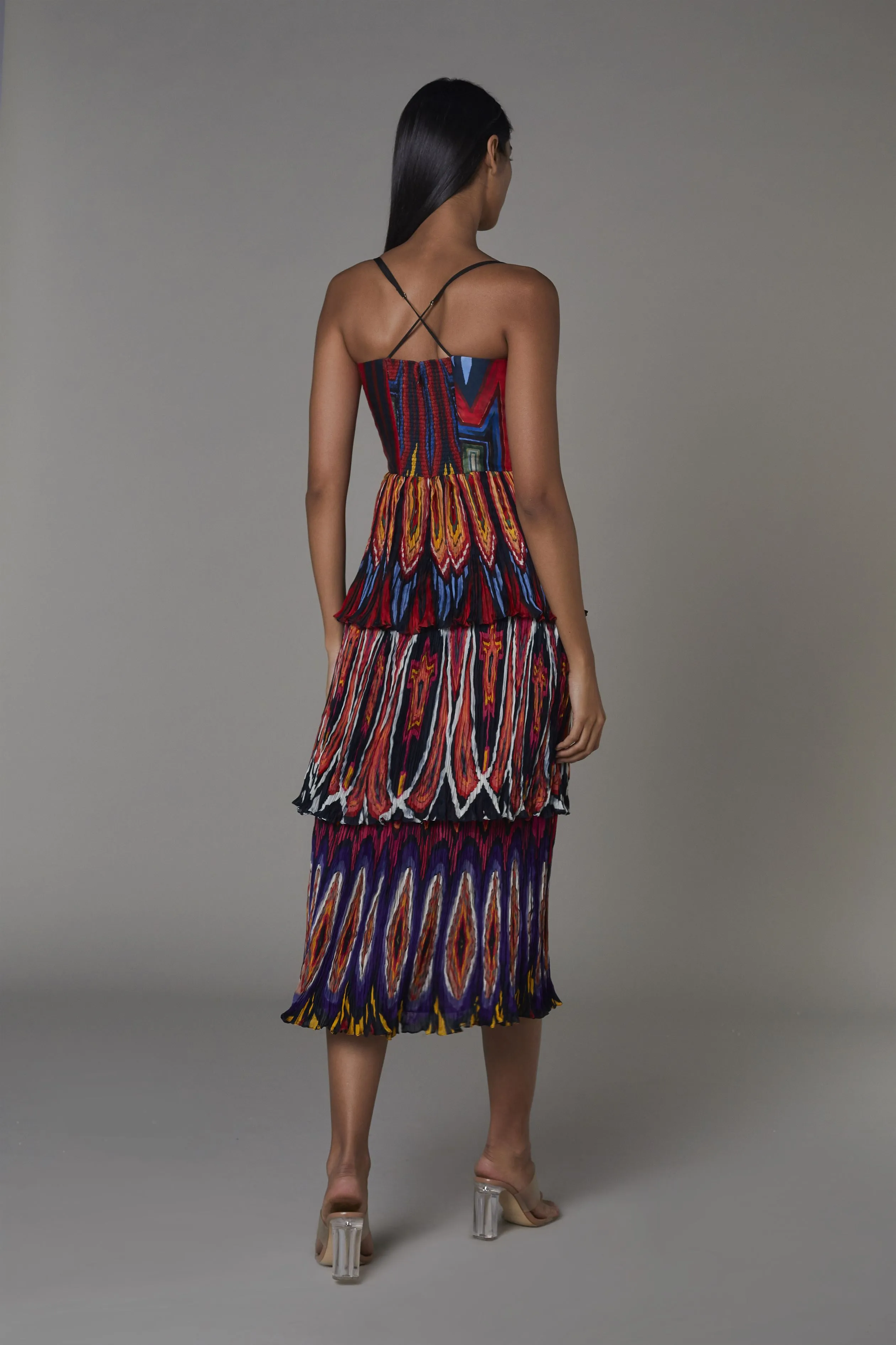 Saaksha & KinniÂ    I   Afghani print 3 tIer midi dress Satin / Chiffon Multi SS22072