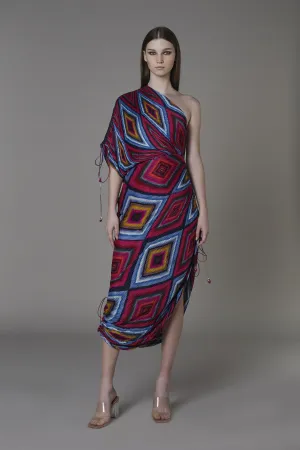 Saaksha & KinniÂ    I   Pink blue big diamond one shoulder sari dress Cotton silk / Chiffon Pink / Blue SS22048