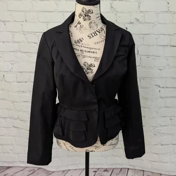 SANDRO Studio Black Ruffled Peplum Fitted Blazer Jacket S