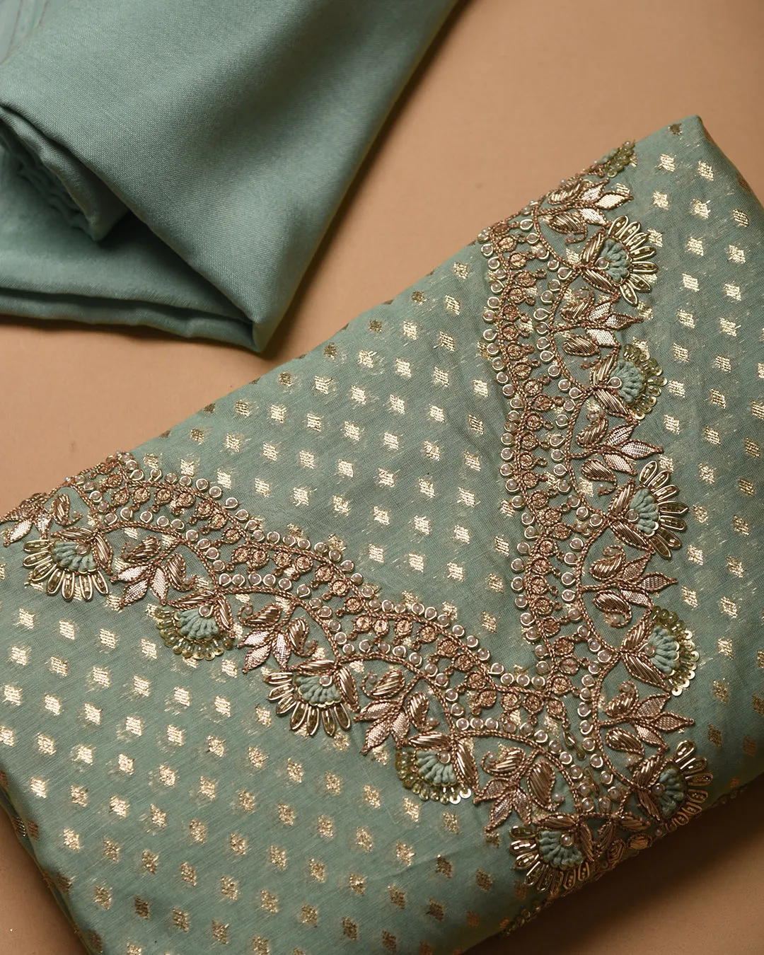 Sea Green Chanderi Woven With Hand Embroidered Unstitched Suit Fabric Set With Chanderi Woven Dupatta