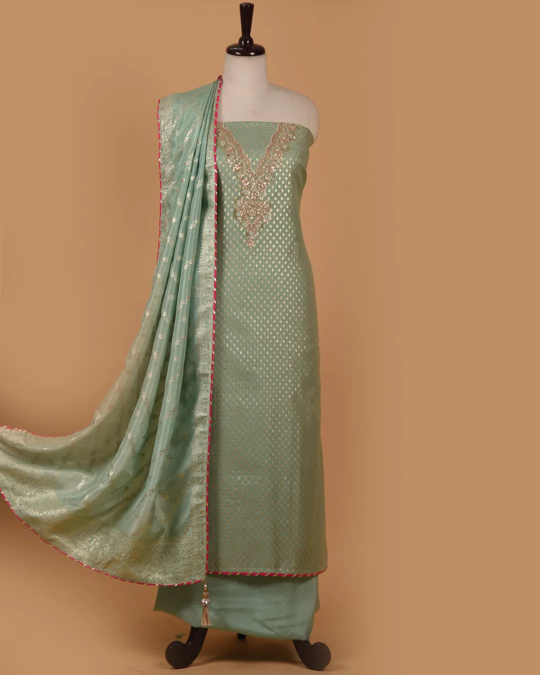 Sea Green Chanderi Woven With Hand Embroidered Unstitched Suit Fabric Set With Chanderi Woven Dupatta